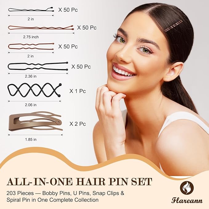 FLAREANN Brown & Black Bobby Pins Set with U Shape, Spiral Pin & Snap Clips