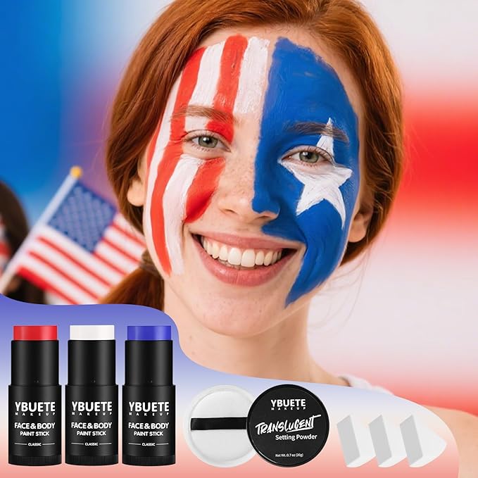 YBUETE Red White Blue Face Body Paint Stick Set for Halloween Cosplay SFX