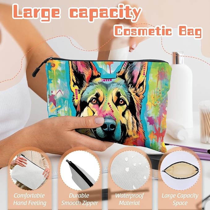 Scribesense Cosmetic Bags Travel Makeup Toilet Case Waterproof Pouch for Women Girls 6.7X9.45inches - German Shepherd in A Color - Splashed Artistic Background
