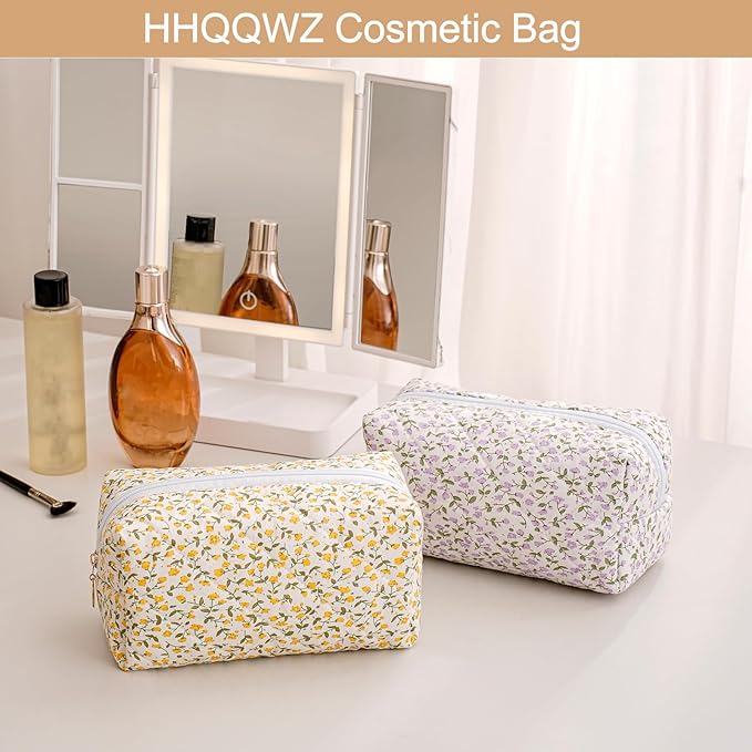 HHQQWZ Makeup Bag Travel Cosmetic Bag for Women Girls, Zipper Make Up Pouch, Floral Flowers Toiletry Organizer Makeup, Portable Storage Cosmetic Travel Cloth Bag (Pink+Purple Floral)