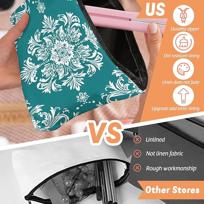 Scribesense Makeup Bag Travel Cosmetic Bags Small Makeup Case Waterproof Zipper Pouch for Women Girls 7X9inches - White Floral Ornamentation in A Circular Layout