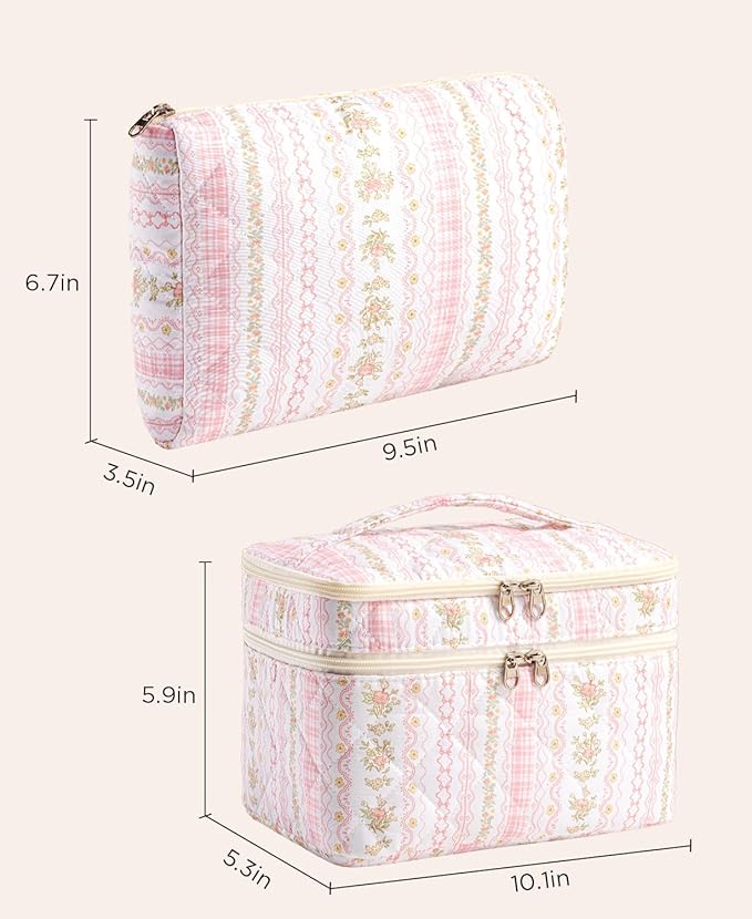 HBselect 2Pcs Travel Makeup Bag Large Quilted Cosmetic Bag Make up Bag