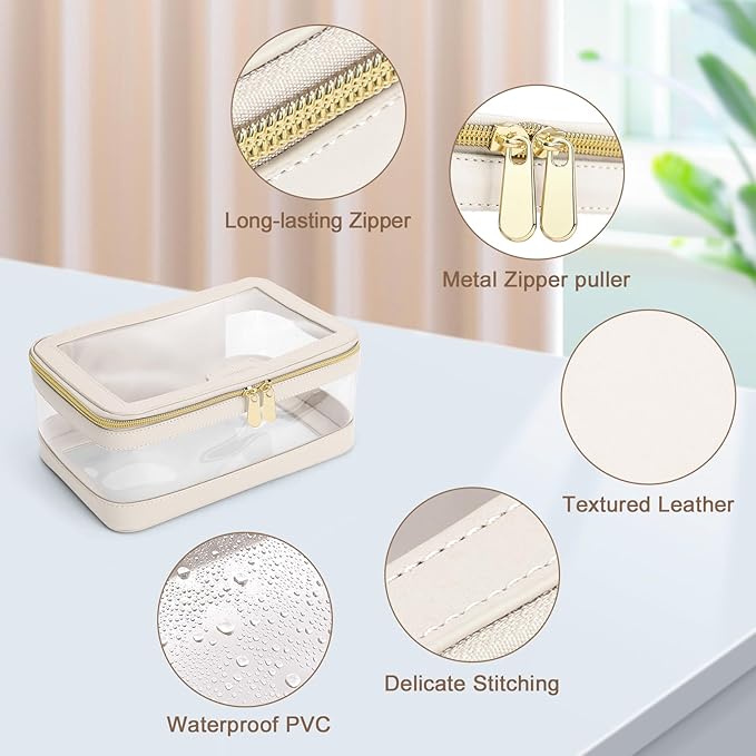 Soimeat Travel Clear Makeup Bag with Makeup Brush Bag, Leather Make up Case Toiletry Bag, Portable Cosmetic Bag Case, Transparent Waterproof Cosmetic Organizer Storage Bag for Women, Off-White