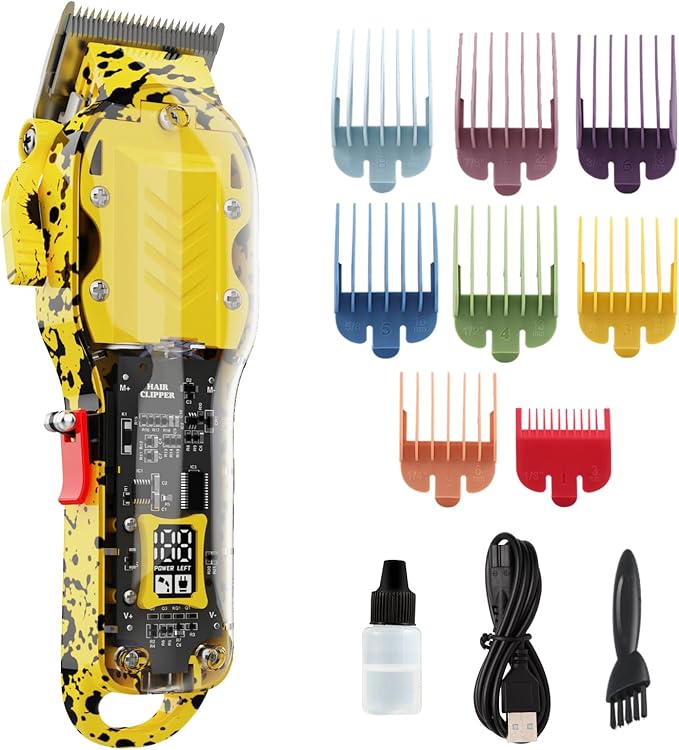 Tuanchuanrp Professional Hair Clippers for Men, Cordless Barber kit for Hair Cutting & Grooming, Hair Clippers Set for Barber Haircut with LED Display 8 Fade Taper Combs(Yellow)