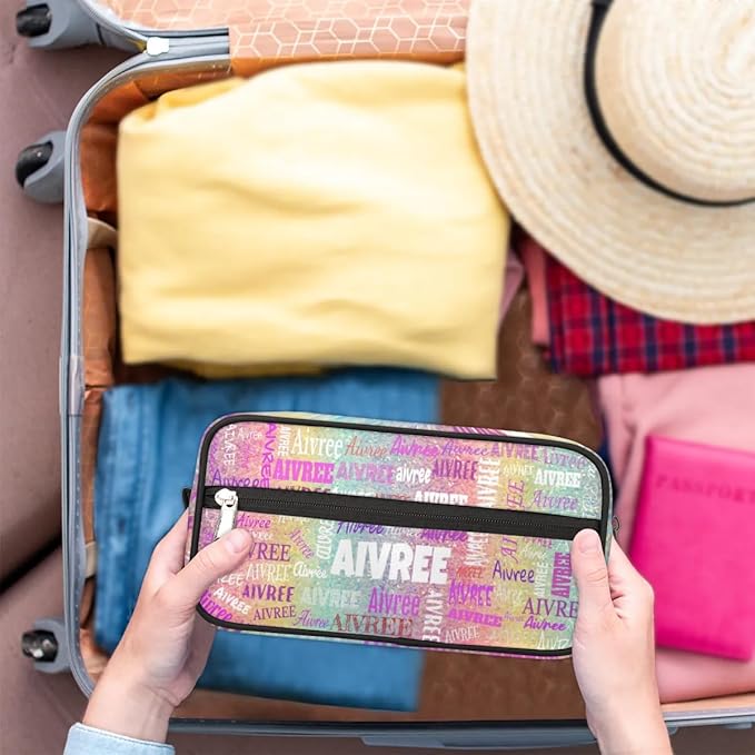 KFNHN Personalized Name Makeup Bag for Toiletries, Colorful Rainbow Glitter