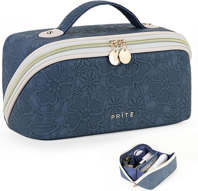 Prite Makeup Bag Travel Toiletry Bag Open Flat Cosmetic Organizer for Women
