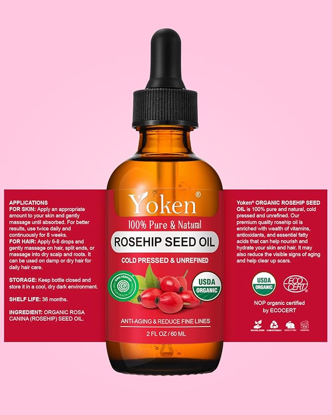 Yoken Organic Rosehip Seed Oil for Face, Skin & Hair, Cold Pressed, 2 fl oz