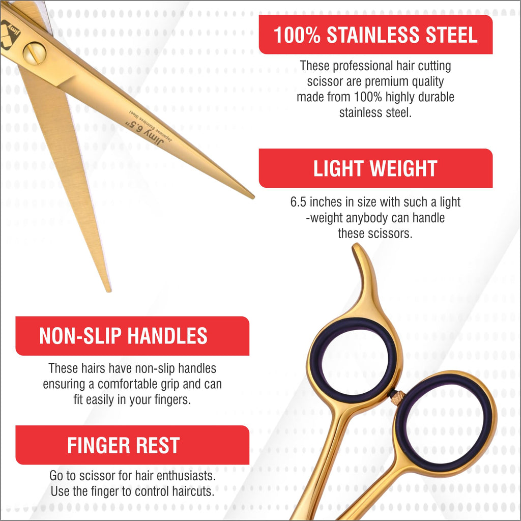 Jimy 6.5" Hair Scissors Professional – Ultra Sharp Razor Edge Stainless-Steel Scissors to Cut Hair – Ergonomic Design Salon Quality Hair Shears for Men, Women & Barbers