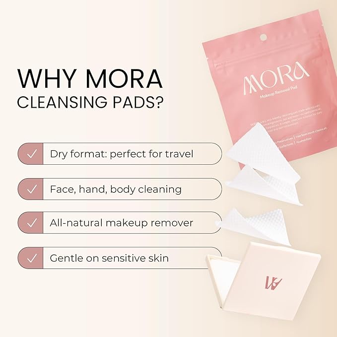 MORA Makeup Remover Pads, Water Activated Dry Dual-Sided Cleansing Pads for Face, Eyes and Lips, Reusable, 100% Vegan, Alcohol Free, Fragrance Free, Travel Friendly Korean Skincare, 30 Count