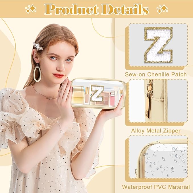 Personalized Initial Letter Clear Makeup Bag,Preppy Small Nylon&PVC Cosmetic Zipper Bag with Chenille Letter,Portable Beach Travel Skincare Toiletry Bag,Trendy Monogram Gift for Teen Girls Women,Z
