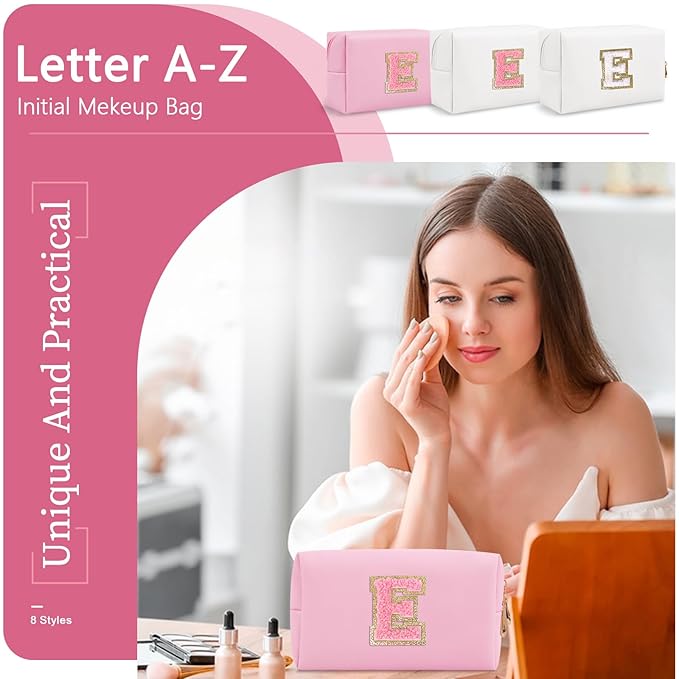 Personalized Initial A-Z Preppy Patch Makeup Bag,Small PU Leather Chenille Letter Cosmetic Bag with Zipper for Teen Girls,Pink Cute Travel Toiletry Bag,Birthday Monogrammed Gift for Daughter,Letter E