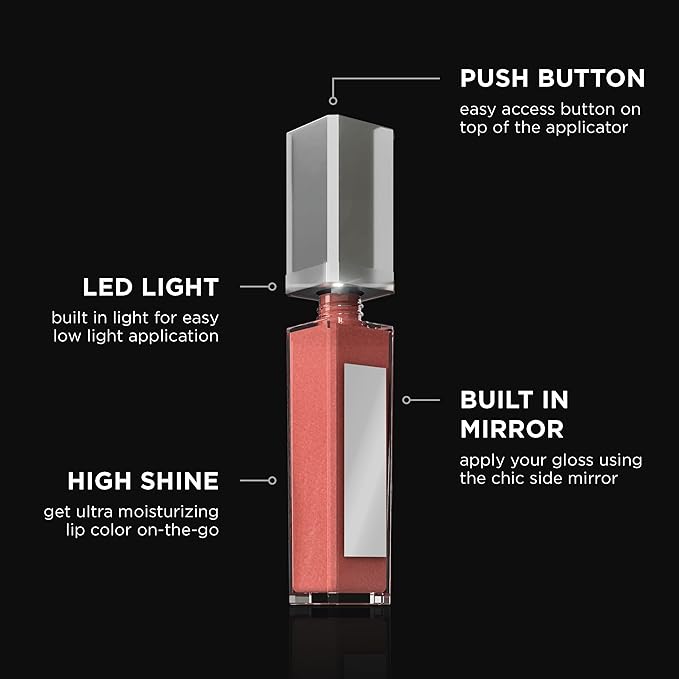 Pure Illumination Light-Up Lip Gloss with LED-Lit Applicator Brush + Side Mirror, Non-Sticky, Moisturizing Hydrating Lip Glosses with Lanolin, Jojoba Oil, & Vitamin E, Nude Beach