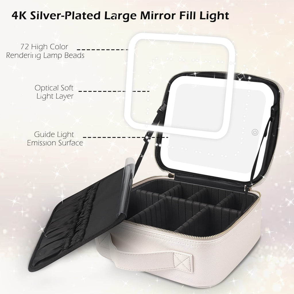 MOMIRA Travel Makeup Bag Cosmetic Bag Makeup Organizer Bag with Lighted Mirror, Adjustable Brightness in 3 Color Scenarios, Waterproof Makeup Train Case, Gift for Women - Khaki