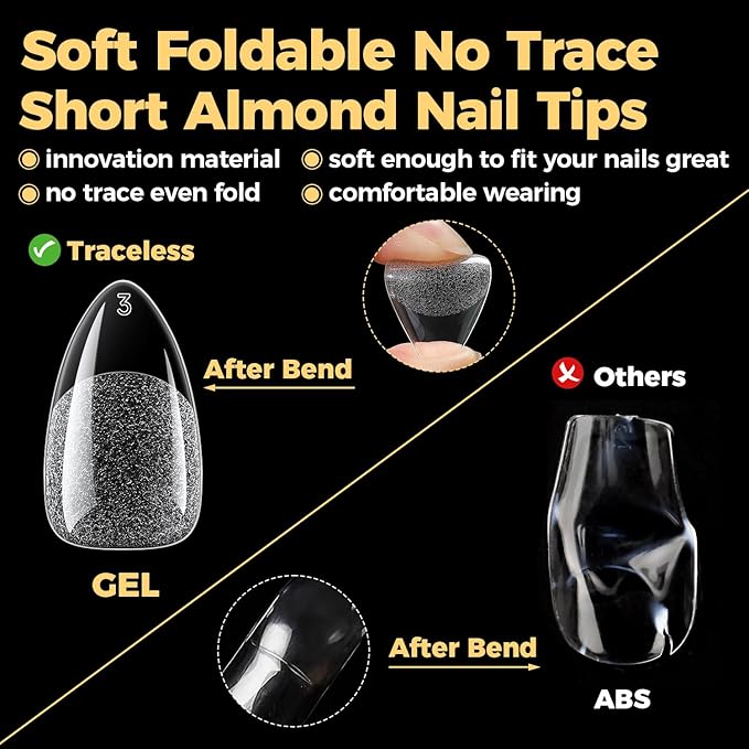 UNA GELLA Short Almond Gel Nail Tips, 600 Pcs Short Nail Tips Almond Shape