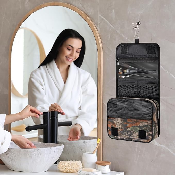 YoYoYuchong Travel Toiletry Bag for Women & Men Forest Tree Leaves Hanging Cosmetic Organizer Portable Waterproof Makeup Case Make Up Bag with Compartments Travel Essentials for Bathroom Shower