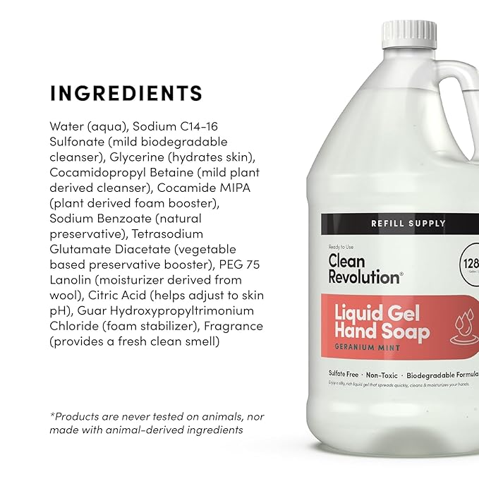 Clean Revolution Liquid Gel Hand Soap Refill with Real Essential Oils – Sulfate-Free Gel Hand Wash, Moisturizing Bulk Refill, Non-Toxic Formula, Made in the USA (Geramium Mint) 128 Fl Oz, 4 Pack