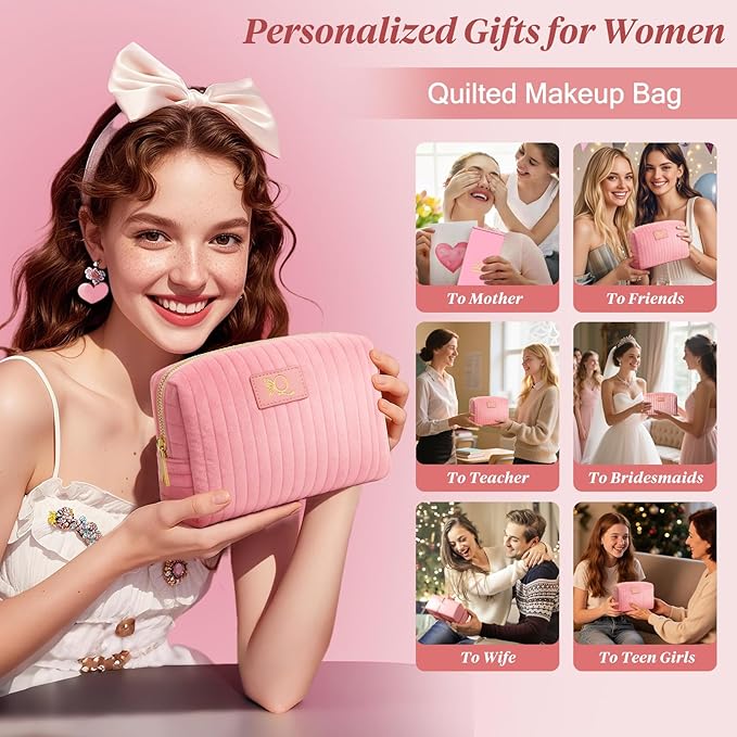 Monogrammed Make Up Bags for Women,Personalized Cosmetic Bags Women,Small Quilted Makeup Pouch,Cute Makeup Bag Travel,Birthday Gifts for Teen Girl (Pink Q)