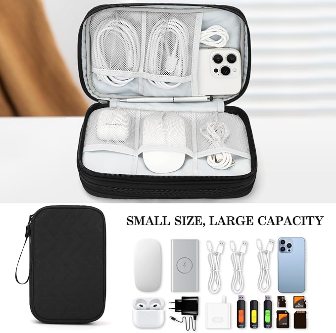 FYY Electronic Organizer, Travel Tech Pouch Bag, Large, Black Quilted