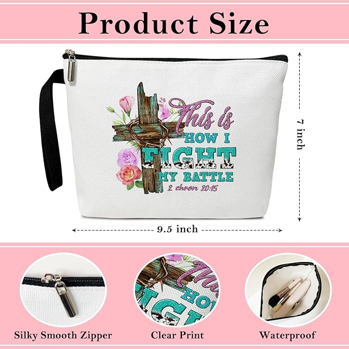 BSNZZIO Christian Cosmetic Bag for Women, Floral Cross Makeup Bag Gifts for Friend Mother Coworker Travel Essentials Purse Toiletry Pouch Cosmetic Bag with Zipper(This is How I Fight my battle)