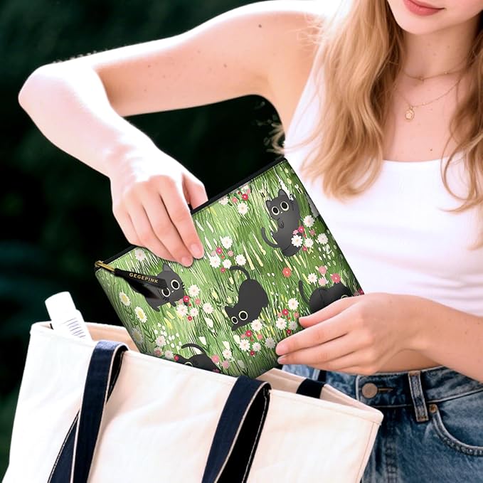 GEGEPINK Cute Makeup Bag for Purse Waterproof Cosmetic Bags for Women Funny Smooth Zipper Travel Toiletry Pouch 10X8 Inches-Black Cat Floral Makeup pouch