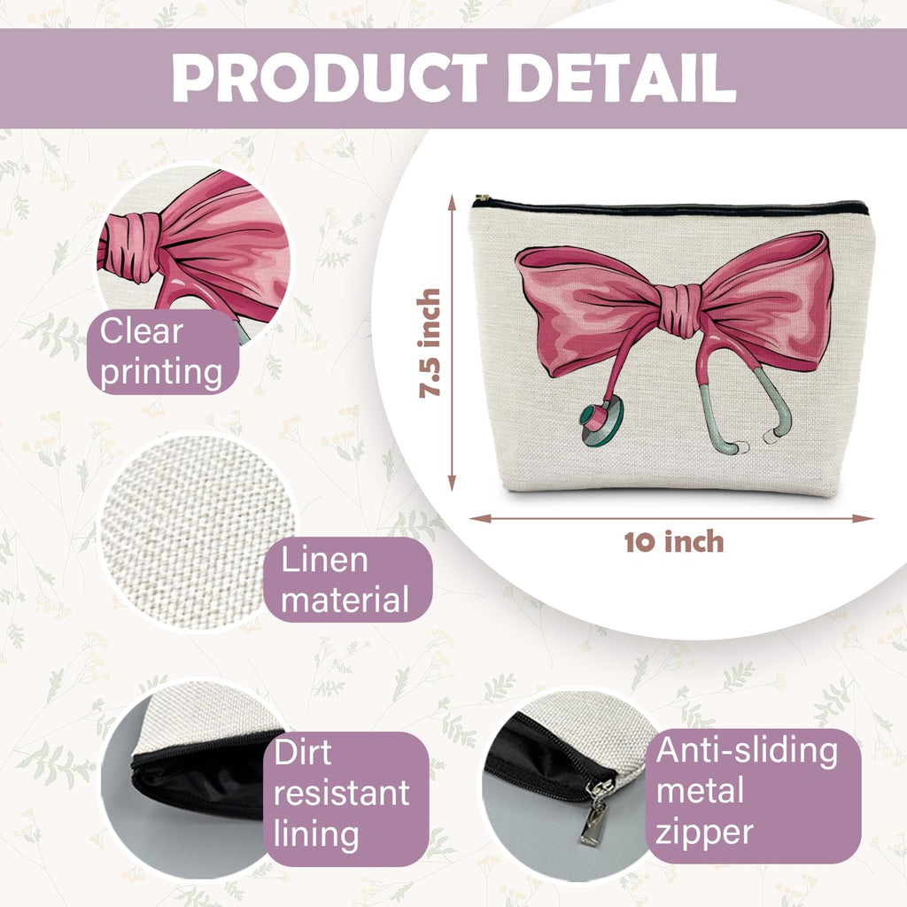 RYYCDOI Pink Coquette Bow Stethoscope Nurse Makeup Bag, Nurse Gifts for Women Cosmetic Bags, Nurse Week Gifts Makeup Pouch, Nurse Appreciation Gifts Zipper Pouch