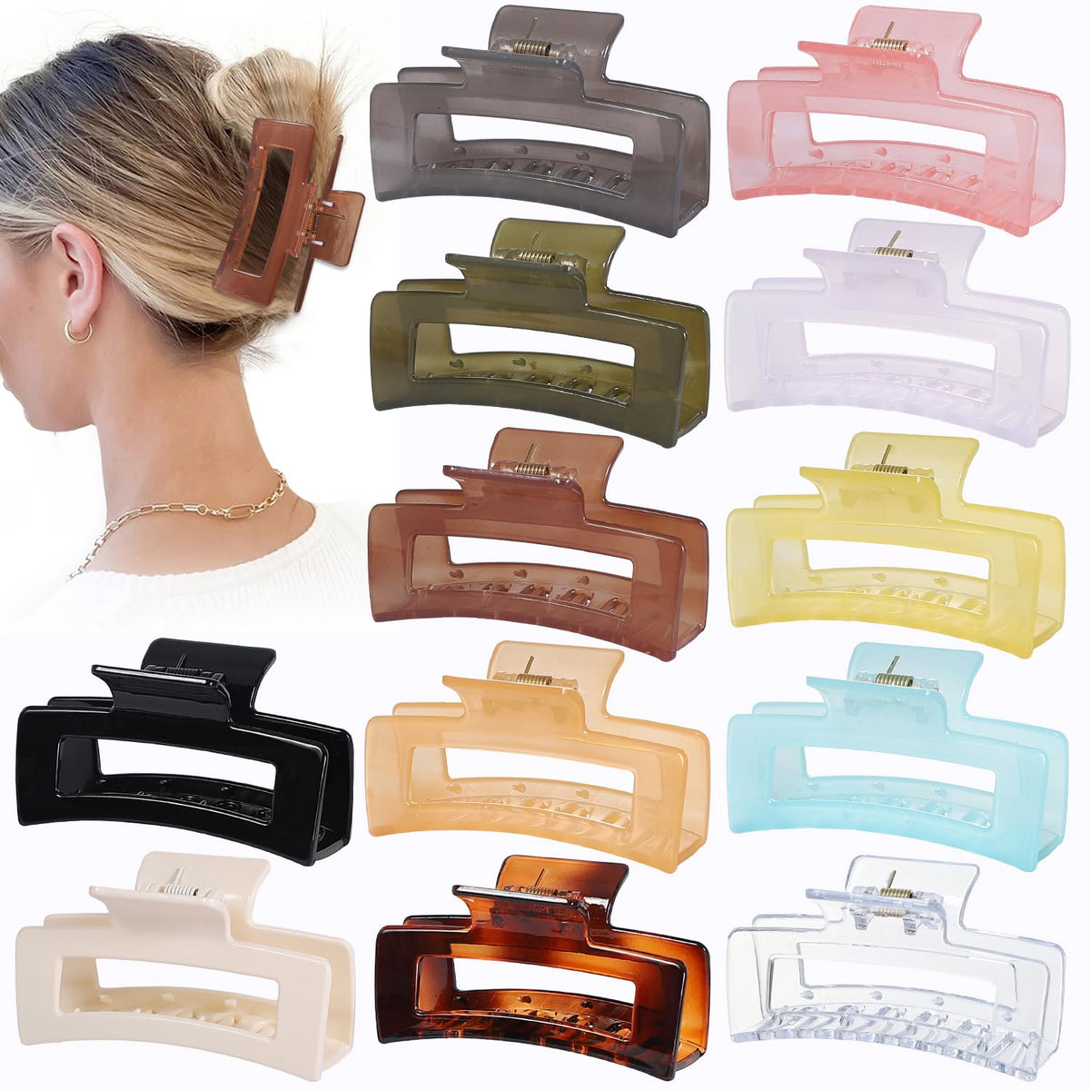 Sisiaipu 3.5 Inch Hair Clips - 12 Pcs Square Jaw Clips for Thick and Thin Hair, Rectangular Hair Accessories for Women and Girls - Neutral