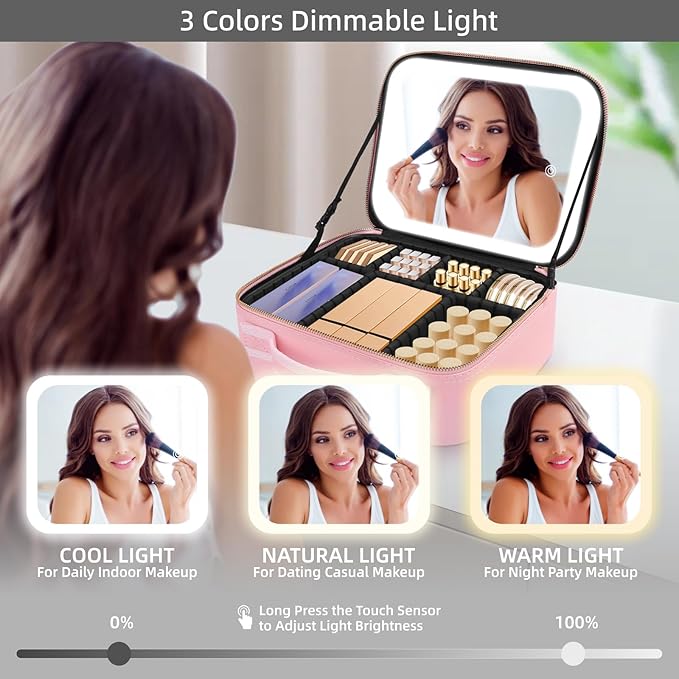 Jadazror Makeup Case with Mirror and Lights, Travel Makeup Bag with Lighted Mirror, Make up Case with LED Mirror & Adjustable Dividers, Portable Cosmetic Organizer Bag Gift for Women(Pink)