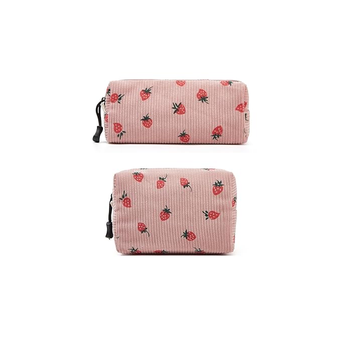 ZOEMTIU Makeup bag set small Cosmetic bag for women purse Corduroy Organizer with interior Pockets,cute Pencil zipper Pouch travel Toiletry Bag with handle((Strawberry Pink)