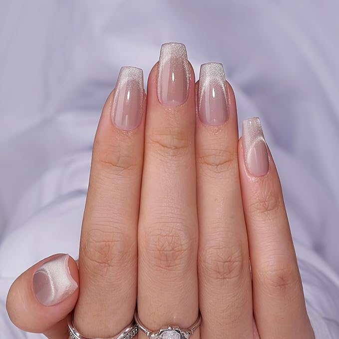 BTArtbox Press On Nails, Milky Way, Short Coffin, Cat Eye French, 32Ct
