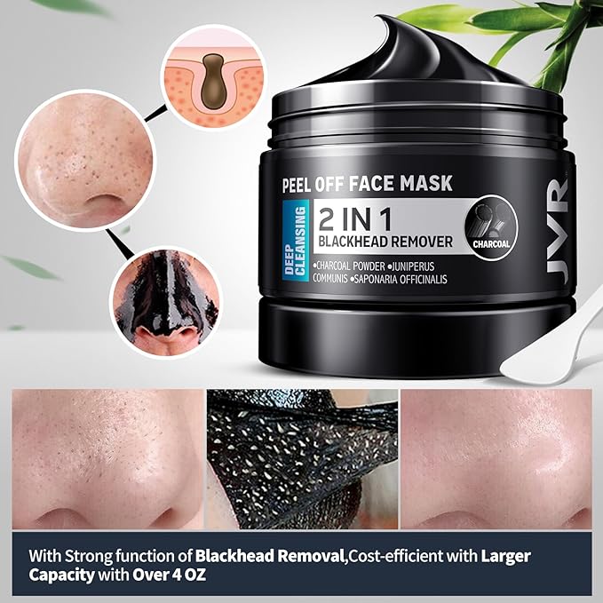 JVR Peel Off Face Mask, Charcoal Peel Off Black Mask, Facial Mask for Surface Cleansing For Men & Women, All Skin Types, 8.46 oz (240 g)
