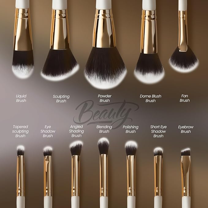 Makeup Brushes Set Professional & Beginner Friendly with Uniquely Designed Case, Soft Synthetic Bristles for Foundation Contour Blush Concealer Highlight Blending Eyeshadow, 12Pcs(Dark White)