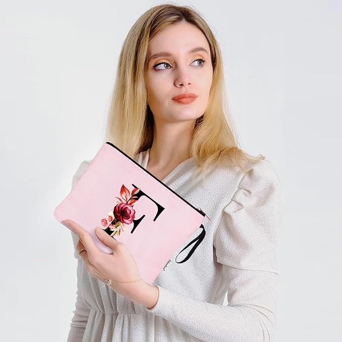 Vavabox A-Z Personalized Makeup Bag, Birthday Gifts for Women Mom, Gifts for Best Friend, Bride Bridesmaid Cosmetic bag (F, 06-Pink)