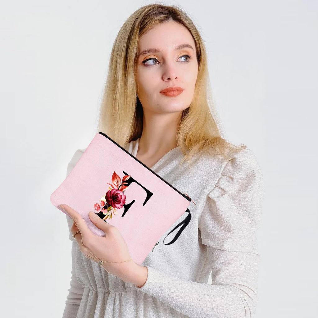 Vavabox A-Z Personalized Makeup Bag, Birthday Gifts for Women Mom, Gifts for Best Friend, Bride Bridesmaid Cosmetic bag (F, 06-Pink)