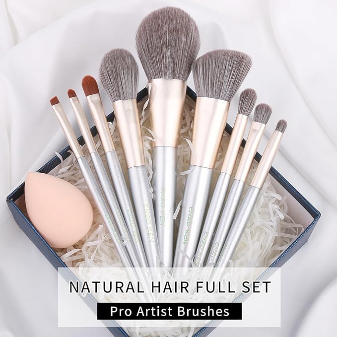 ENZO KEN Natural Hair Makeup Brushes Set Professional, Grey Squirrel Hair Makeup Brush Set with Case, Unique Cosmetic Brushes Makeup Set, Natural Makeup Brushes, Natural Bristle Makeup Brushes -Silver