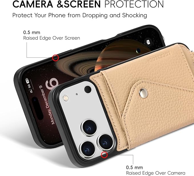 LUCKYCOIN Crossbody Phone Case for iPhone 17 Pro Max,100% Genuine Leather Phone Wallet Case for Women, Premium Hands-Free Phone Purse with Expandable Flip Card Holder & Adjustable Strap - Pebble Beige