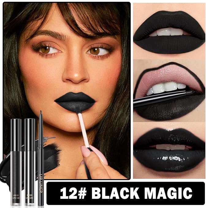 QIUFSSE 3 in 1 Black Lip Liner and Lipstick Lip Gloss Set (12 Black Magic)