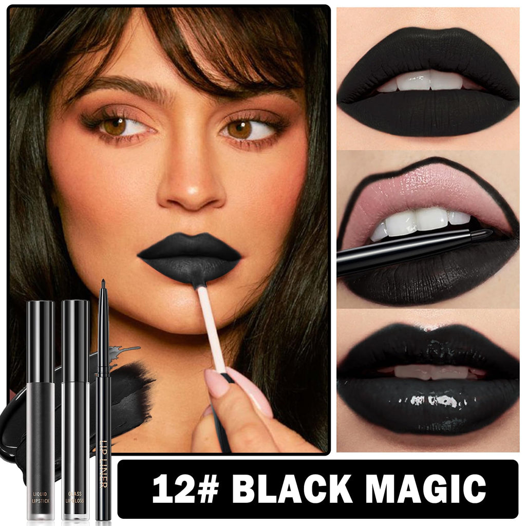 QIUFSSE 3 in 1 Black Lip Liner and Lipstick Lip Gloss Set (12 Black Magic)
