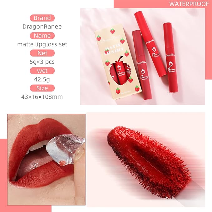 3Pcs Dark Red Matte Lipstick Set, Red Matte Lipstick Long Lasting for Women