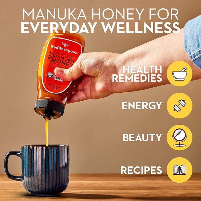 Wedderspoon Raw Manuka Honey 150+ MGO, 12 Oz, Squeeze Bottle, Unpasteurized New Zealand Honey, Non-GMO, BPA-Free Jar, Superfood & Natural Wellness Support