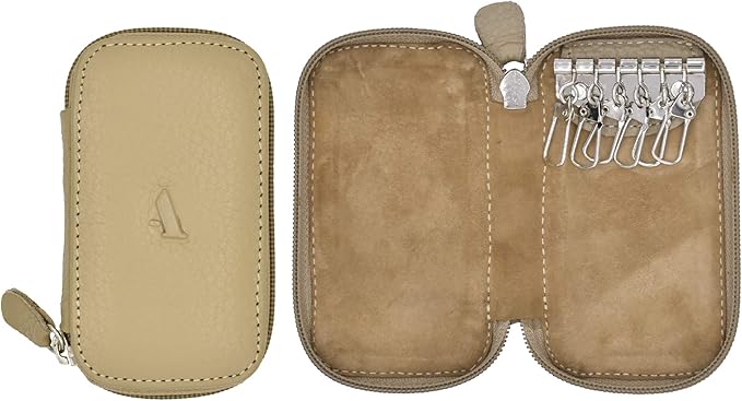 Adamis Full Grain Genuine Leather Keychain Holder Pouch, Key Case, Soft Strong and Compact Organizer and Wallet with Zip Closure for Extra Safety and 6 Key Holder Hooks in Beige