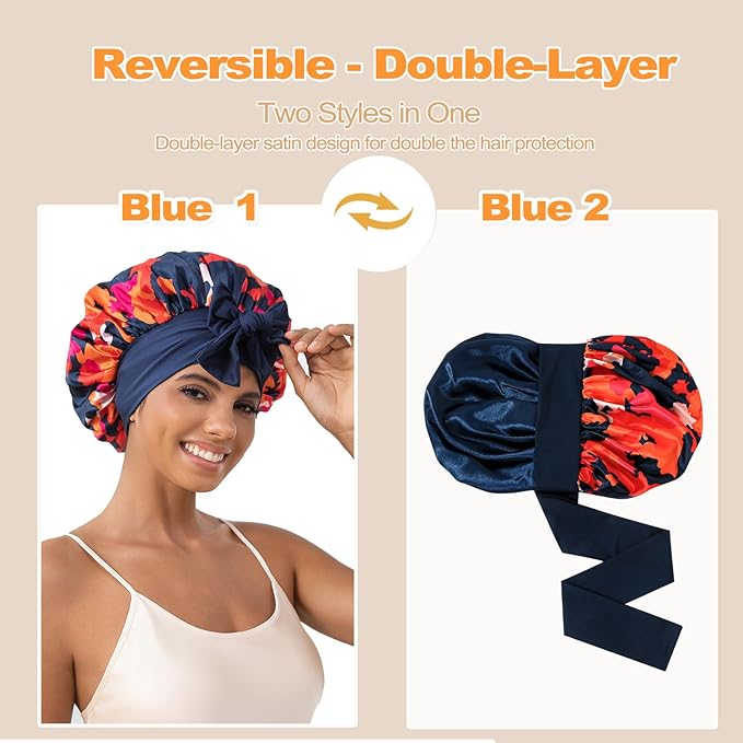 GDTOGRT Satin Silk Bonnet for Sleeping Women, Double Layer Sleep Hair Bonnets Caps for Curly Natural Hair with Tie Band - Blue-Mix