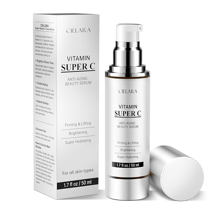 CIELARA Vitamin C Serum for Face, Anti Aging 20% Super C Serum With Vit C Hyaluronic Acid, Vitamin E, Peptides, Collagen Wrinkle Serume for Dark Spot, tighten, firming, lift, Brightening-1.9 Fl Oz
