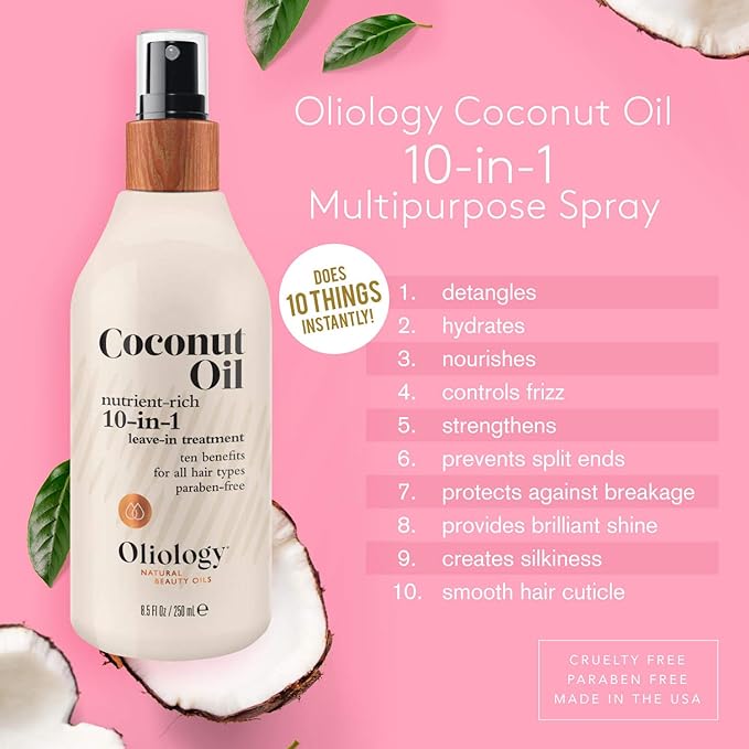 Oliology Coconut Oil 10-in-1 Multipurpose Spray - Leave in Treatment for All Hair Types | Detangles, Controls Frizz, Hydrates & Moisturizes | & Paraben Free (8.5 oz, 2 Pack)