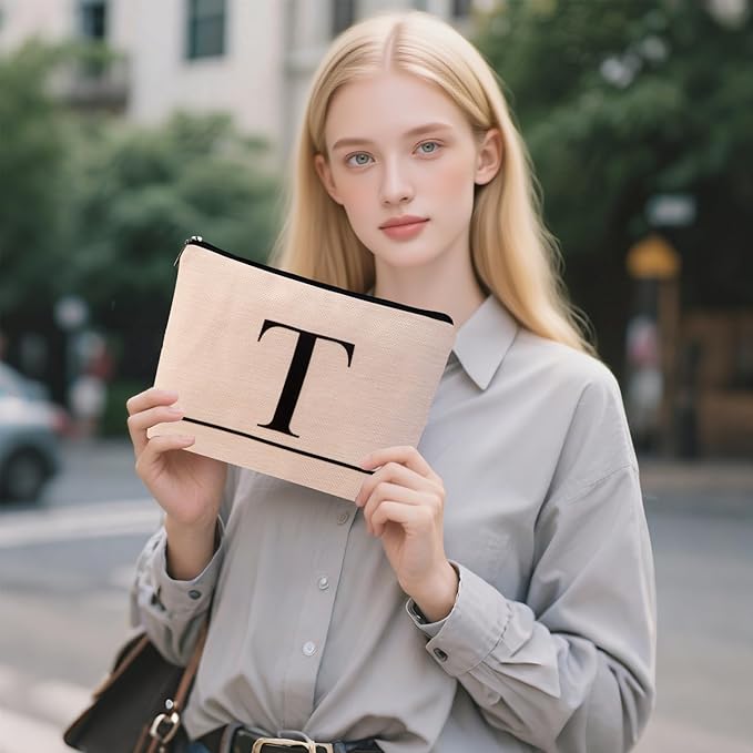 HDYHDY Letter A-Z Initial Personalized Makeup Bags, Birthday Gifts for Women, Monogrammed Gifts for Women Mom Sister Best Friend Bride Bridesmaid, Mothers Day, Christmas, Small Travel Cosmetic Bag (T)