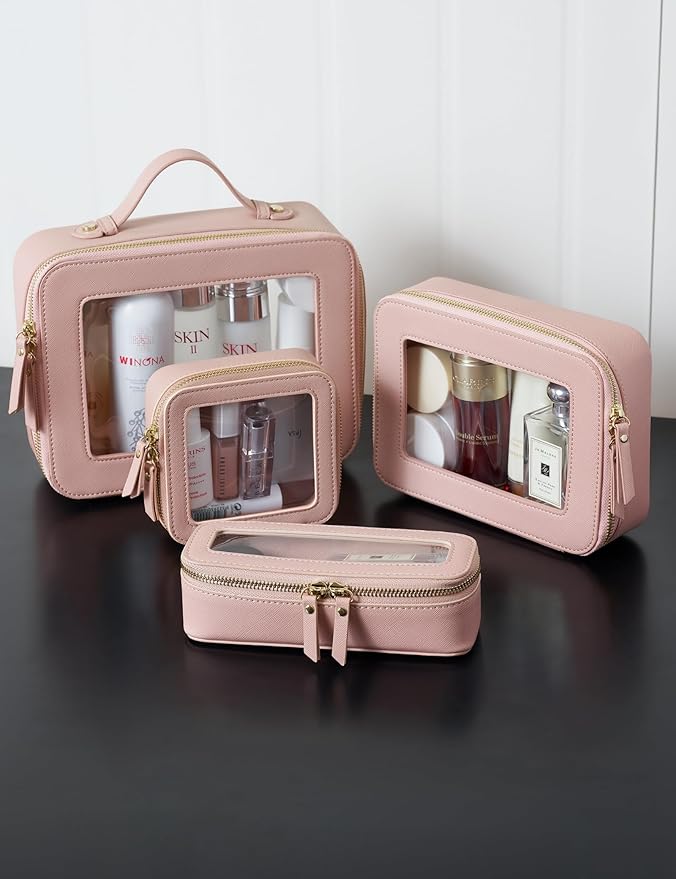 Popvibe Makeup Brush Travel Case Slim Makeup Bag for Women Clear Cosmetic Bag Cute Makeup Case Pink Toiletry Bag for Traveling Transparent Car Makeup Bag Aesthetic Makeup Brush Bag