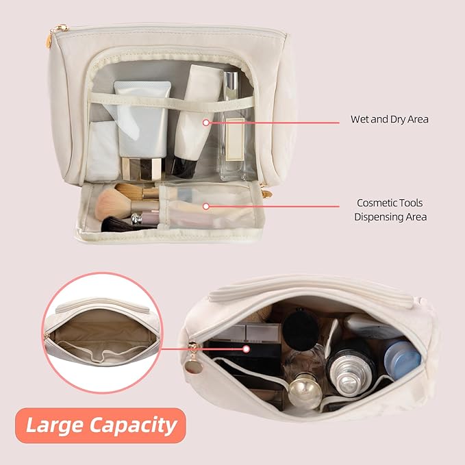 YIYIDSTO Cosmetic Bag Travel Makeup Bag Large Capacity Small Travel Zipper Pouch Makeup Organizer Bag for Women (White-2 Pack)