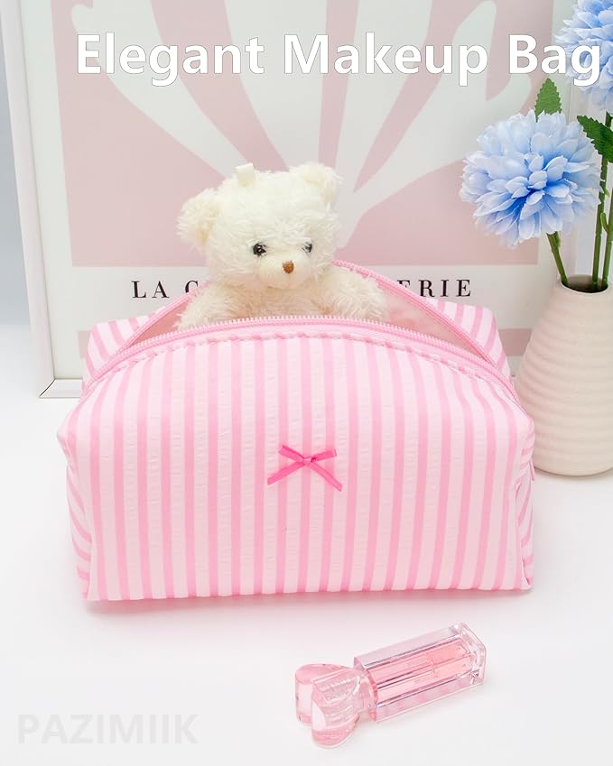 PAZIMIIK Cozy Makeup Bag for Women,Zipper Cosmetic Pouch,Stripe Cute Pink