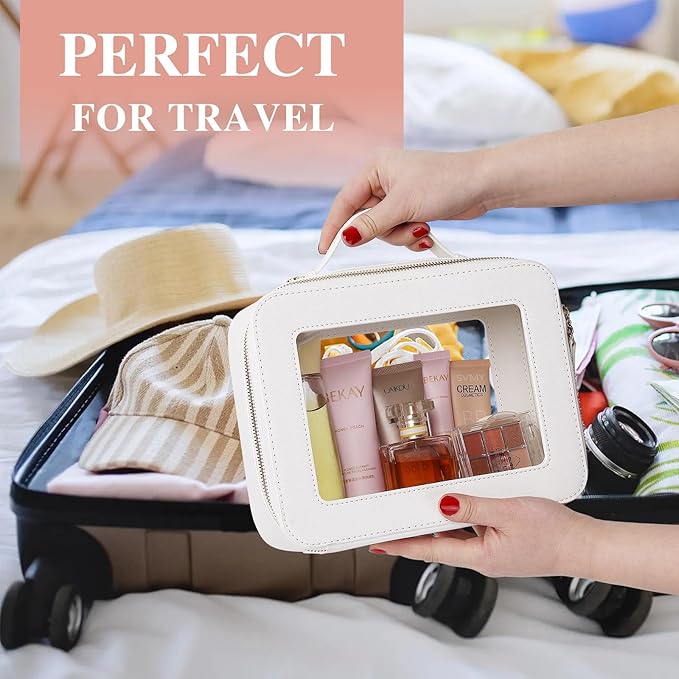 Pinkmik Clear Makeup Bag for Women Waterproof Travel Cosmetics and Toiletries Case Portable Makeup Oaganizer Bag Clear Car Bag with Zipper (White, M+L)