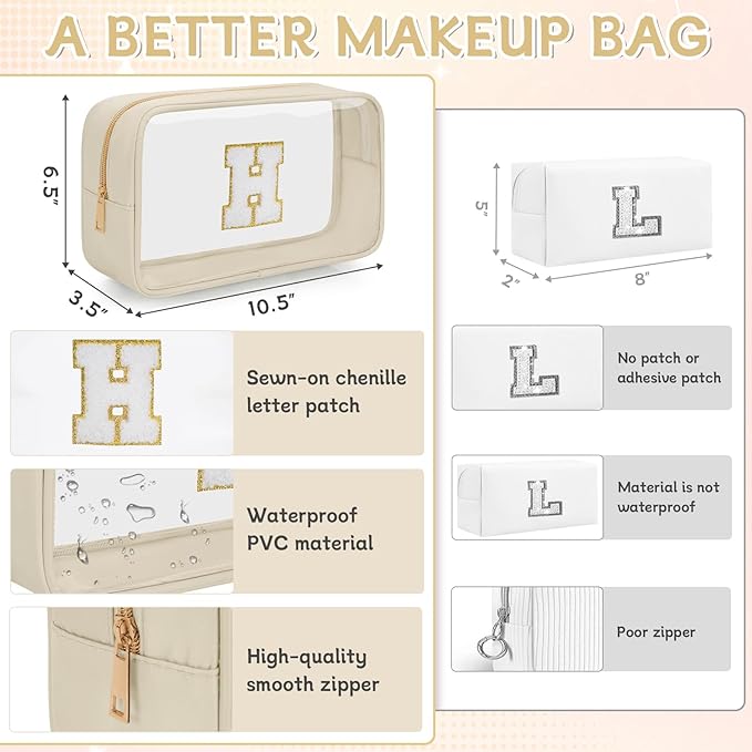 Personalized Initial Clear Makeup Bag, Travel Chenille Patch Cosmetic Bag, Preppy Toiletry Bag Monogram Cosmetic Pouch with Zipper, Ideal Gift for Teen Girls Women (Clear-Beige, H)