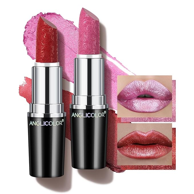 Anglicolor 2Pcs Metallic Red& Pink Lipstick,Hydrating Creamy Formula